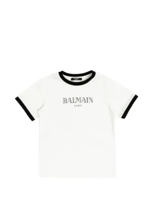 BALMAIN　KIDS ラミネートロゴＴシャツ Cotton T-shirt in black - Balmain Kids | Mytheresa