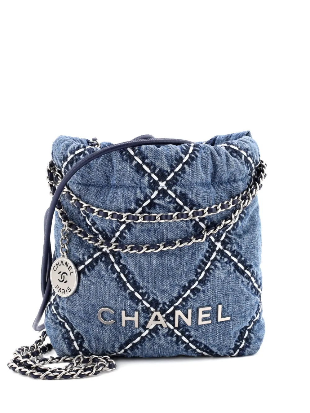 CHANEL Pre-Owned 22 Chain Quilted Stitched Denim Mini hobo bag - Blu