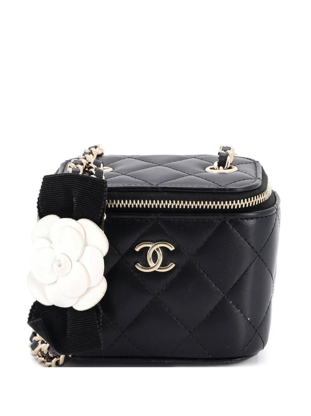 CHANEL Pre-Owned Camellia Bow Vanity Case with Chain Quilted Lambskin Mini crossbody bag - Nero