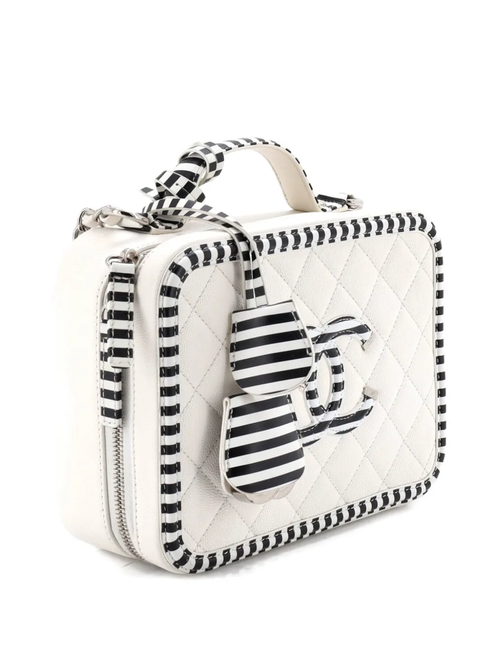  Chanel Pre-owned Filigree Vanity Case Quilted Caviar With Striped Leather Medium Shoulder Bag - Black 