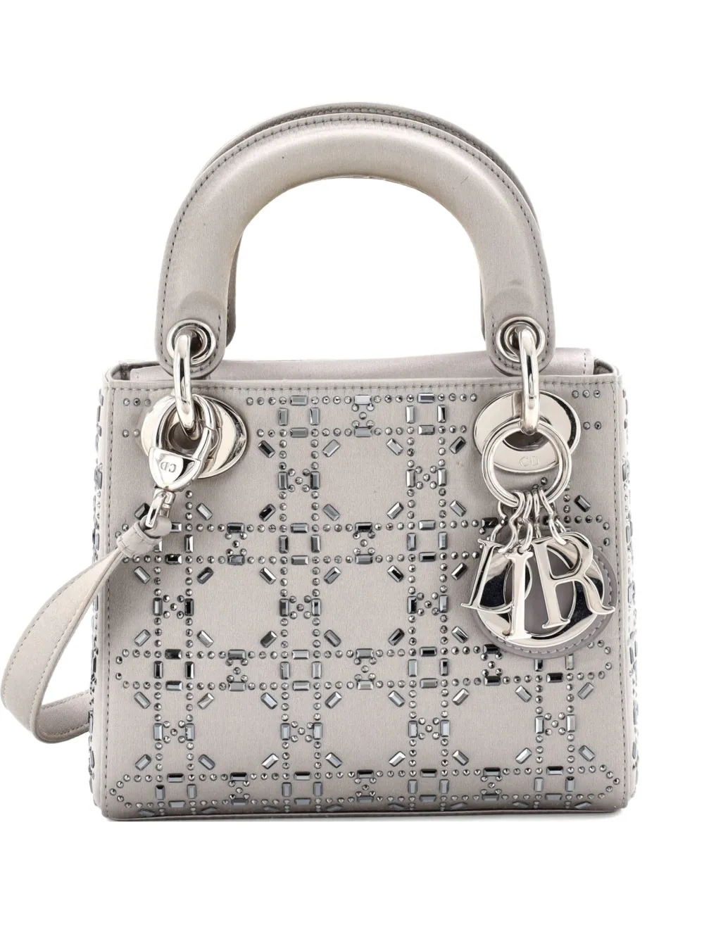 Christian Dior Pre-Owned Lady Dior Bag Crystal Embellished Cannage Quilt Satin Mini satchel - Grigio