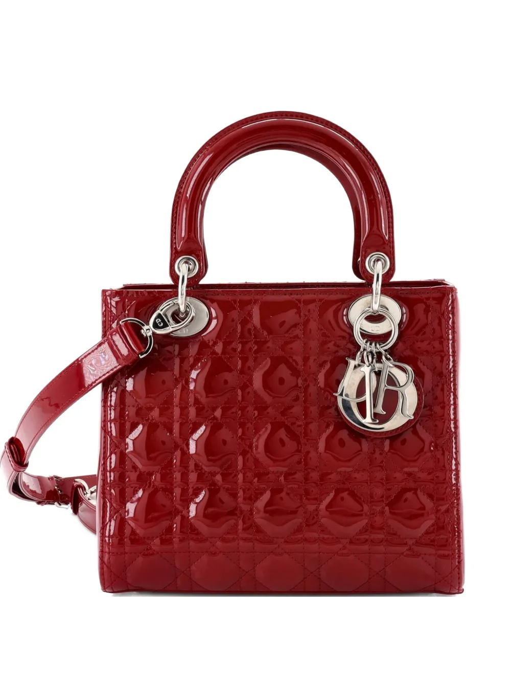Christian Dior Pre-Owned Lady Dior Bag Cannage Quilt Patent Medium satchel - Rosso