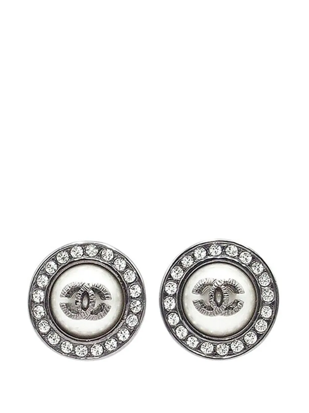 CHANEL Pre-Owned 2021 Gunmetal Plated CC Faux Pearl and Crystal Round Push Back Earrings costume earrings - Argento