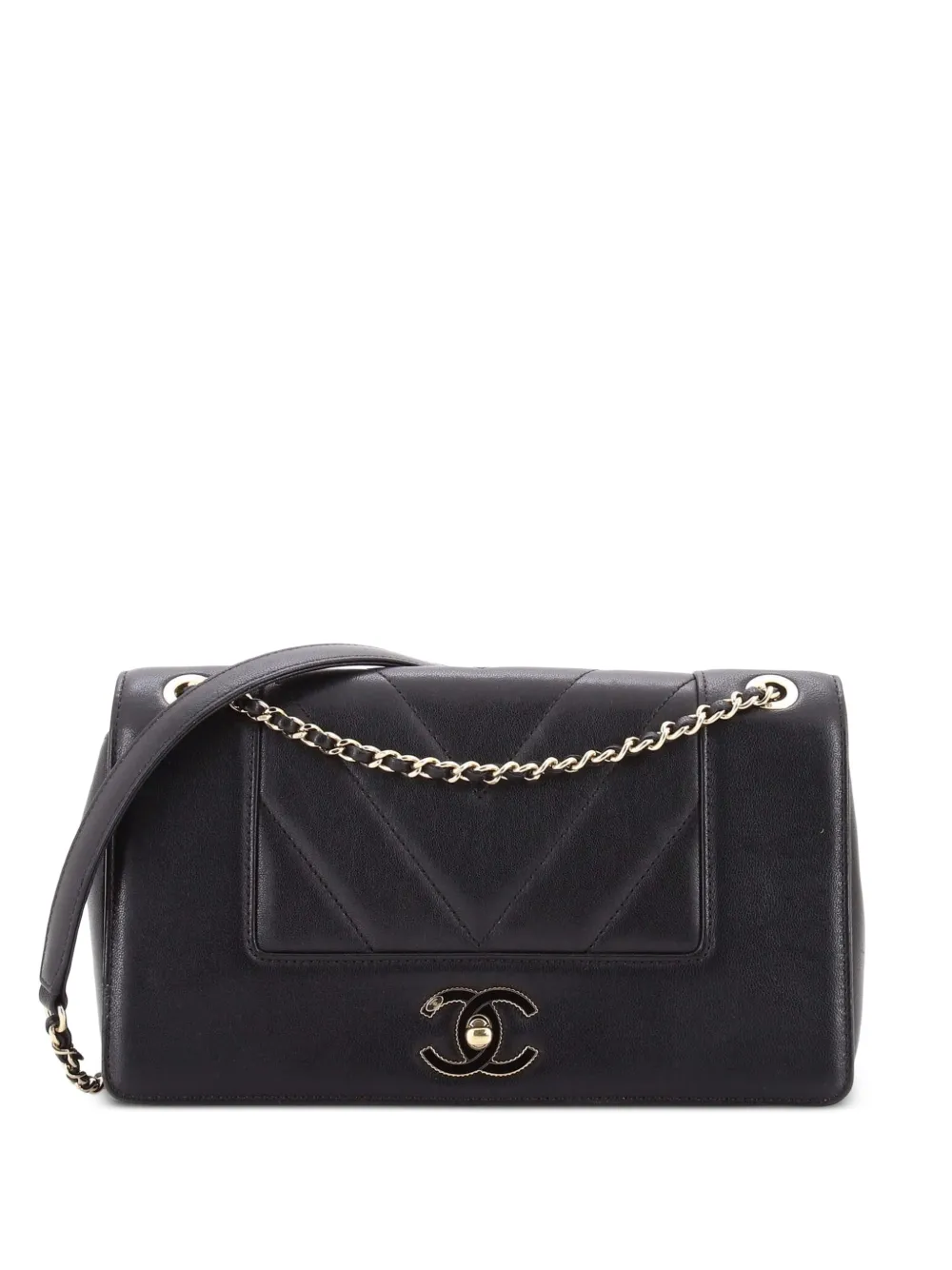 CHANEL Pre-Owned Borsa a tracolla Mademoiselle media in pelle di pecora con motivo chevron e battente - Nero
