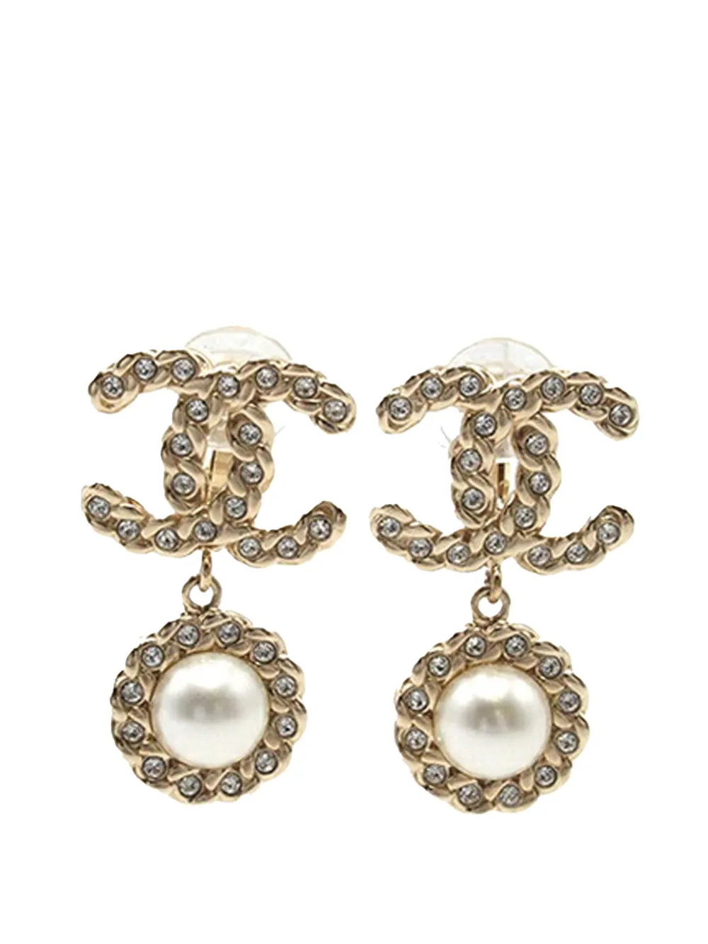CHANEL Pre-Owned Orecchini a clip CC placcati oro con strass e perle sintetiche 2019