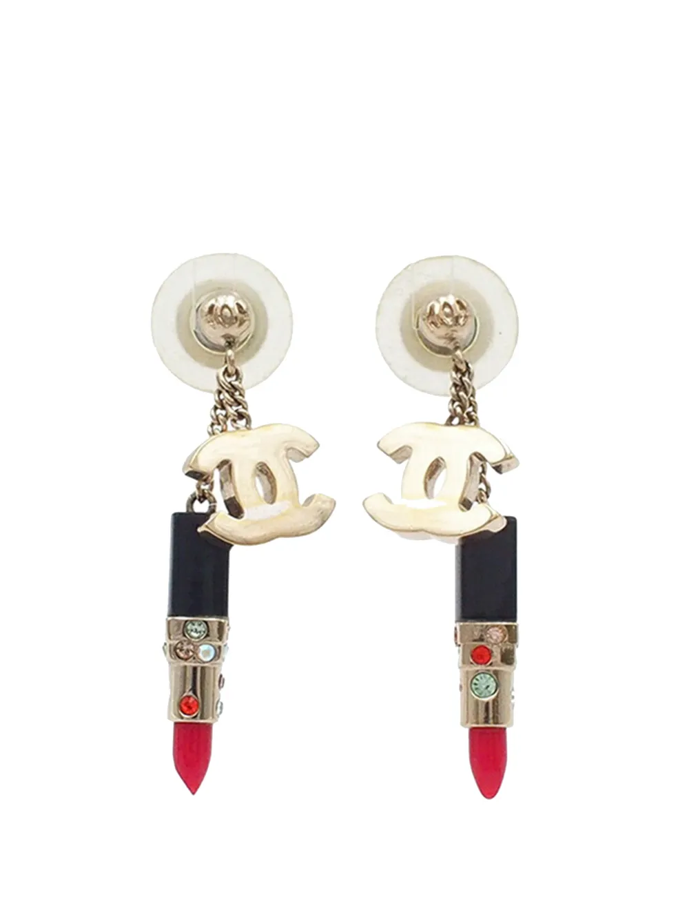 CHANEL Pre-Owned 2005 Gold Plated Resin and Rhinestone CC Lipstick Drop Push Back Earrings costume earrings - Oro