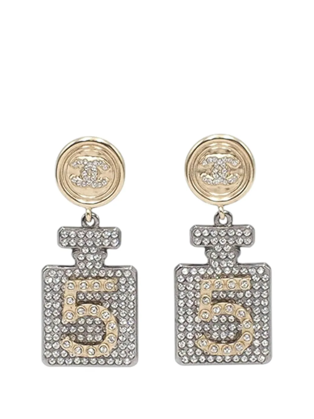 CHANEL Pre-Owned 2021 Gold Plated and Silver Plated CC Rhinestone No 5 Perfume Bottle Drop Push Back Earrings costume earrings - Oro