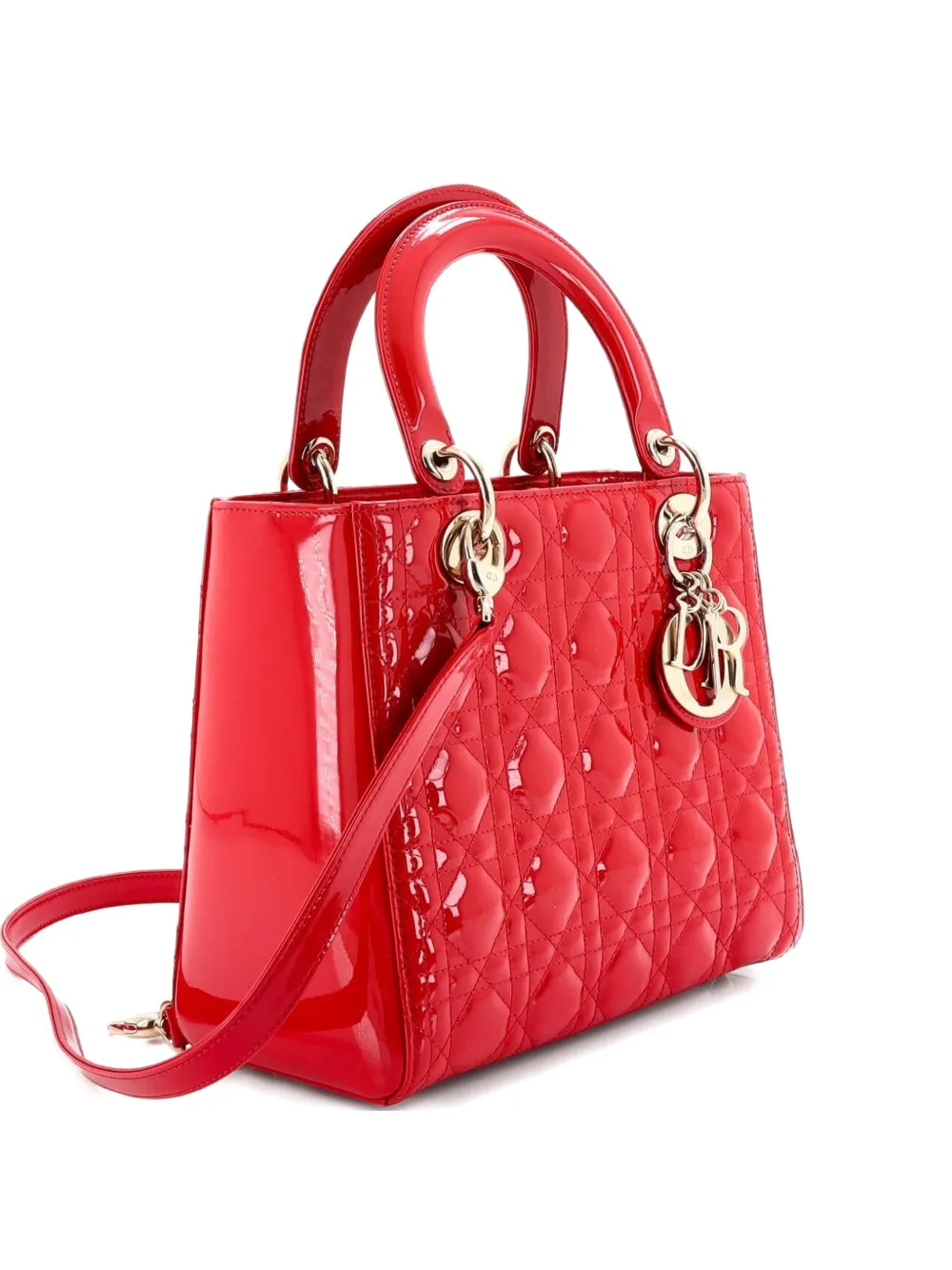 Christian Dior Pre-Owned Borsa a tracolla Lady Dior media trapuntata in pelle verniciata con motivo Cannage - Rosso
