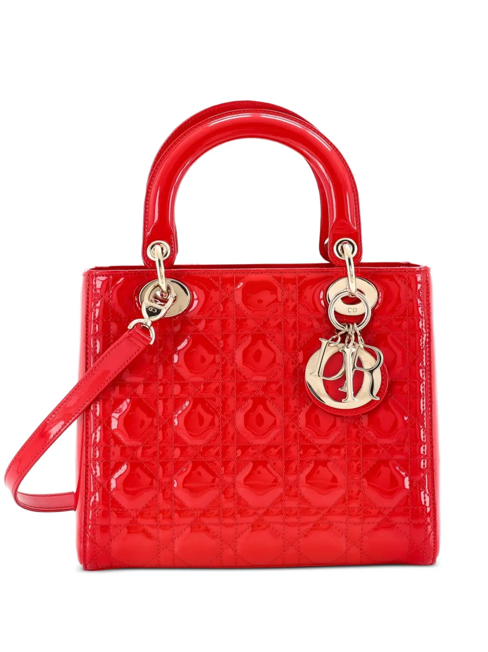 Christian Dior Pre-Owned Borsa a tracolla Lady Dior media trapuntata in pelle verniciata con motivo Cannage - Rosso