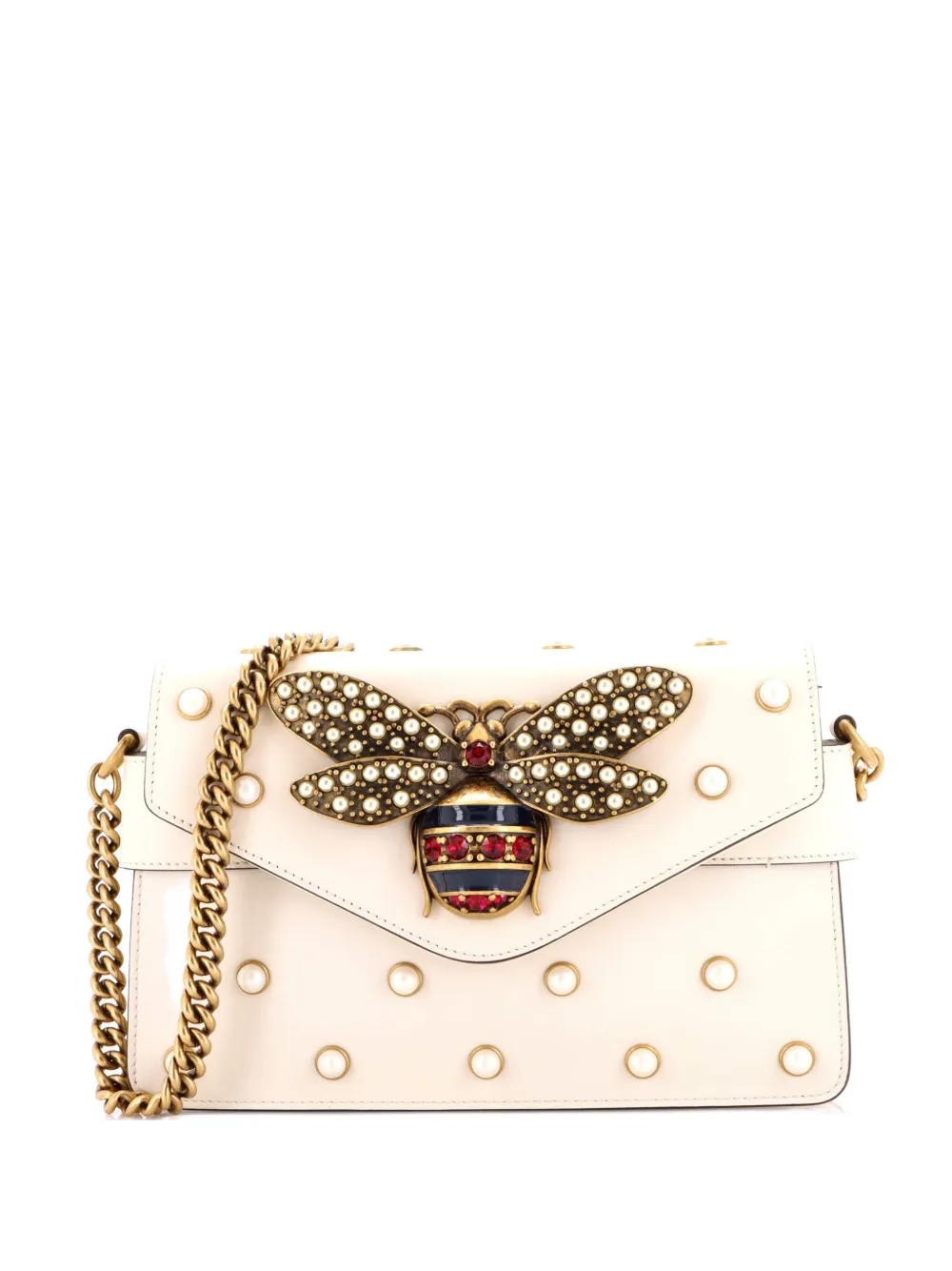 Gucci Pre-Owned Broadway Pearly Bee Embellished Leather Mini shoulder bag - Bianco