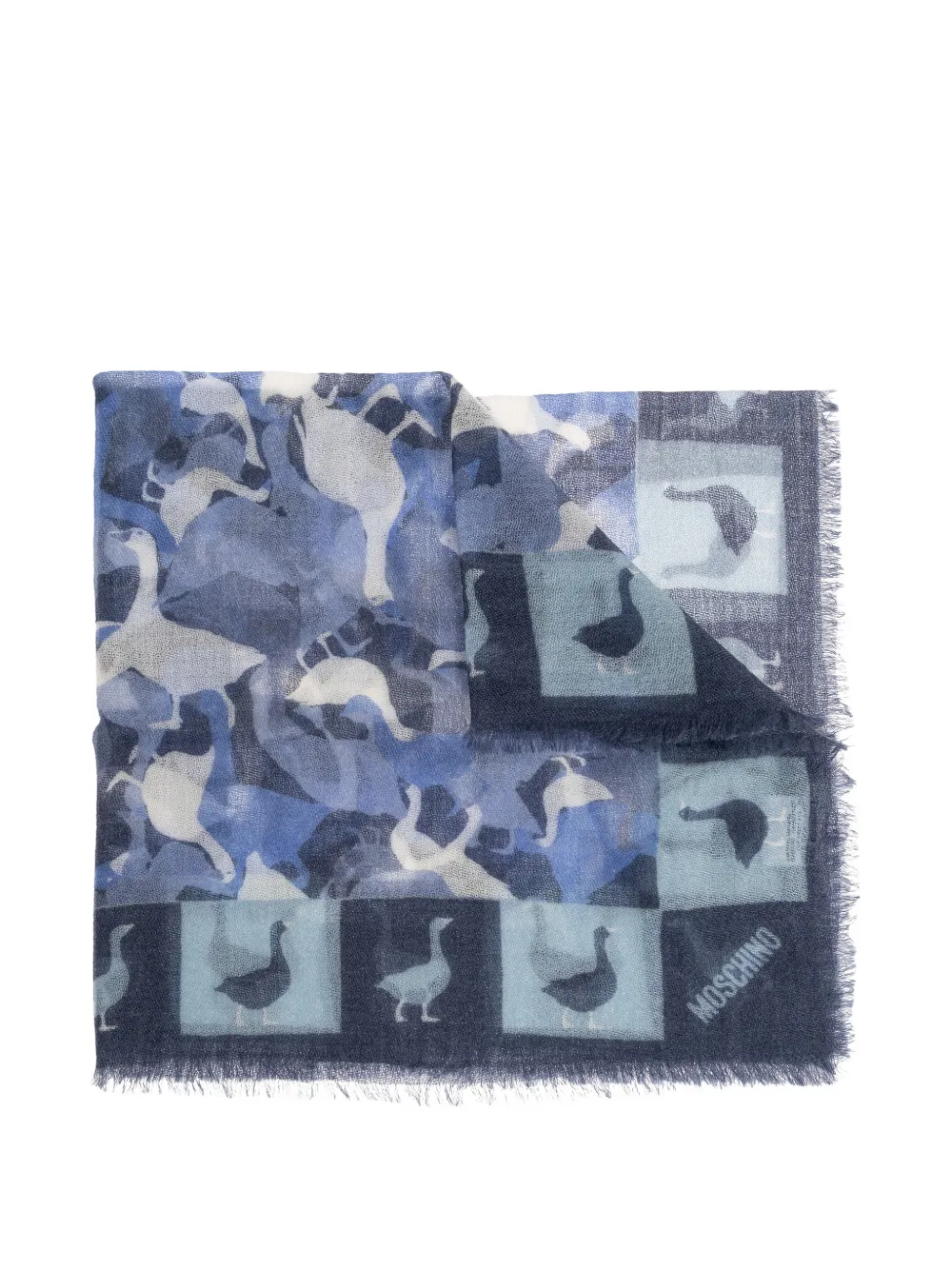Moschino duck-print frayed-trim cashmere scarf - Blau