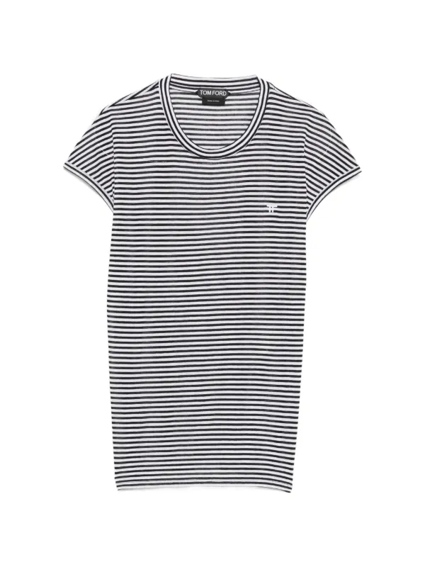 Tom Ford Striped T-shirt with TF Embroidered Logo in White