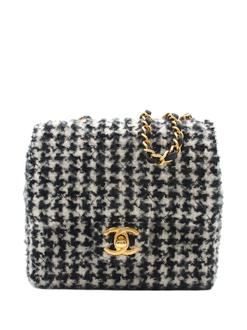 CHANEL Pre-Owned 2021-2025 Mini Square Quilted Tweed Houndstooth Straight Single Flap crossbody bag - Nero