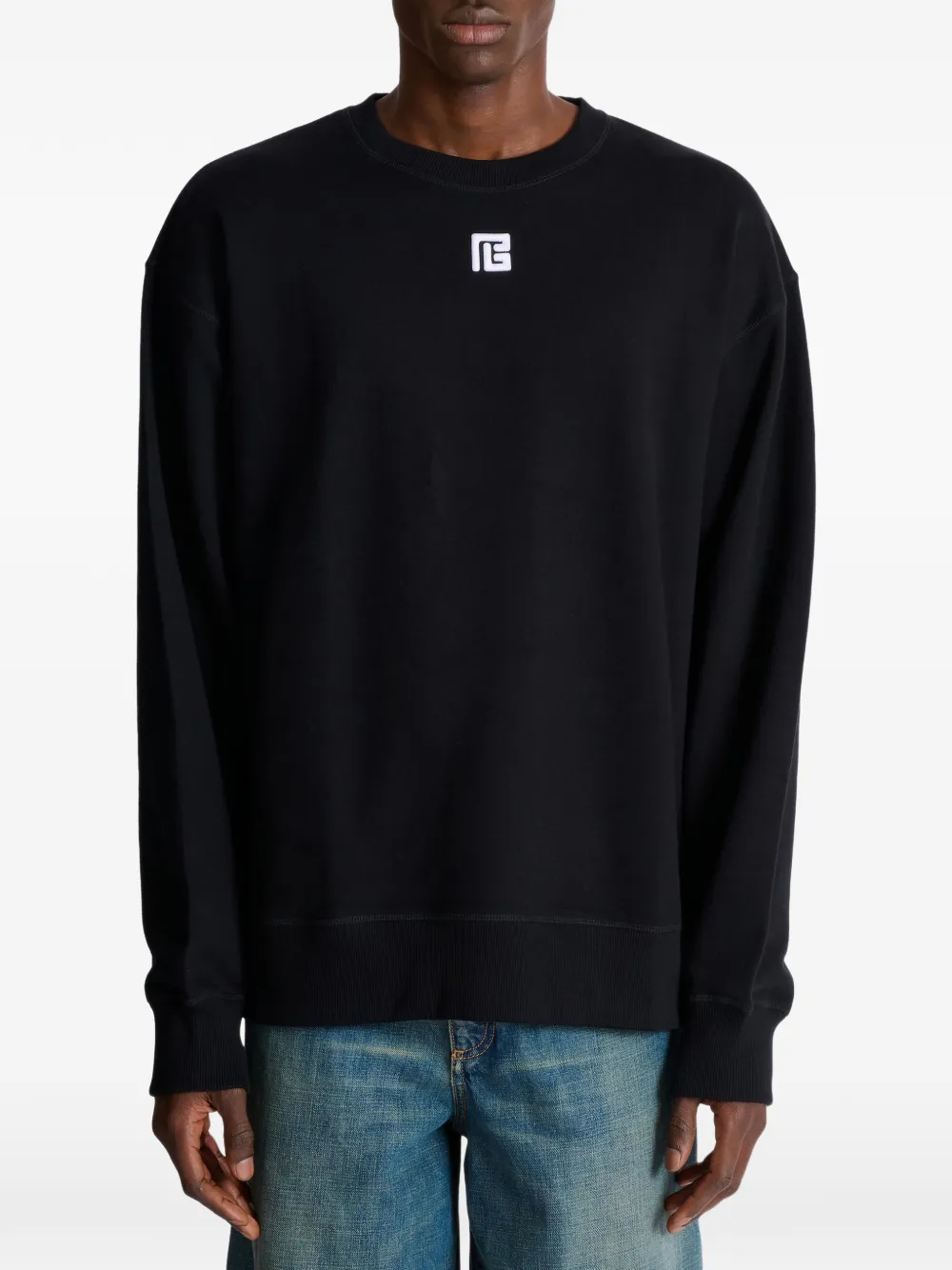 Balmain Cotton Sweatshirt With Pb Embroidery - Zwart