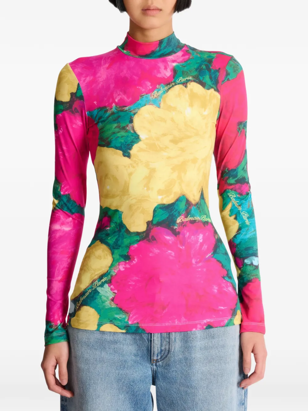  Balmain Rose-print Turtleneck Top - Pink 