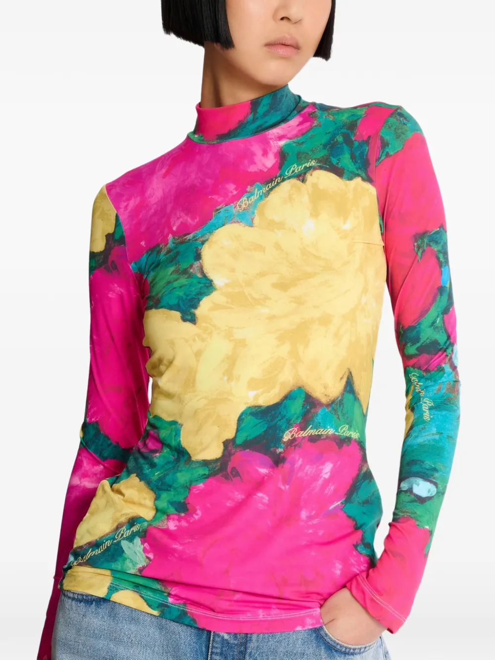  Balmain Rose-print Turtleneck Top - Pink 