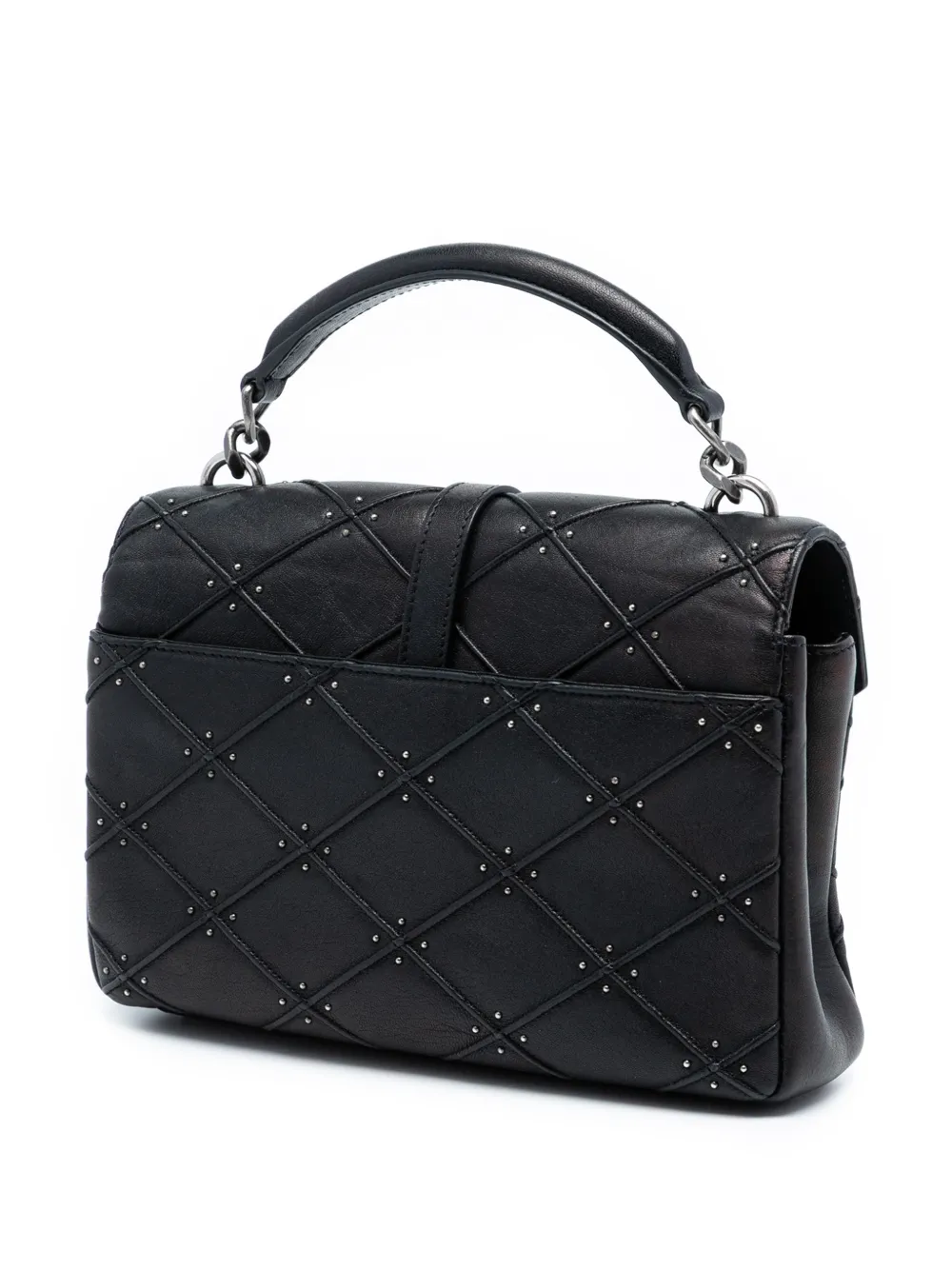  Saint Laurent Pre-owned 2017 Medium Quilted Diamond Iridescent Calfskin Monogram Studded College Satchel - Black 