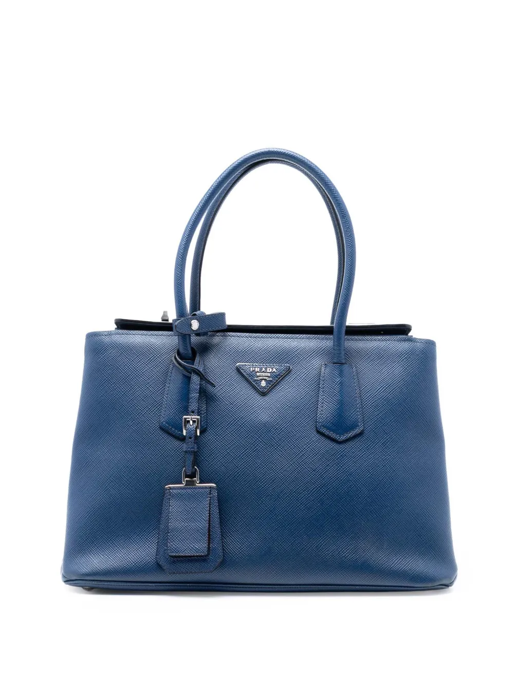 Pre-owned Prada 2013-2025 Saffiano Cuir Turnlock Twin Satchel In Blue