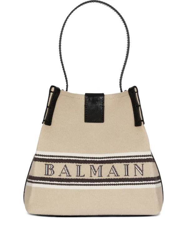 Balmain Release Striped-detail Bucket Bag in Neutrals