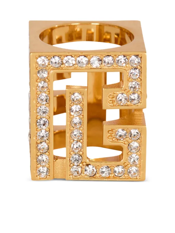 Balmain Rhinestone Cube Ring in Gold