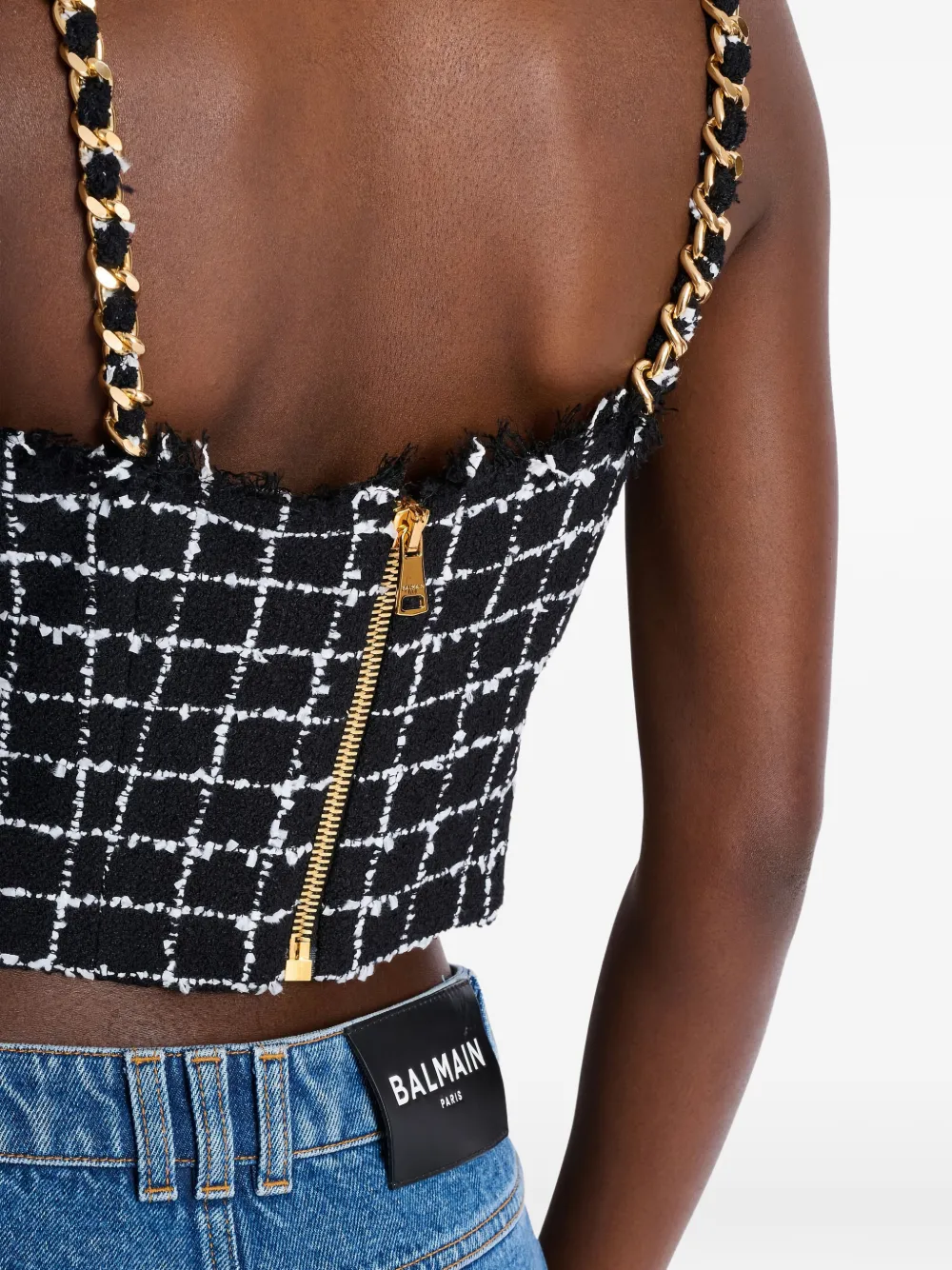 Balmain Tweed top met kettingbandjes en knopen Zwart