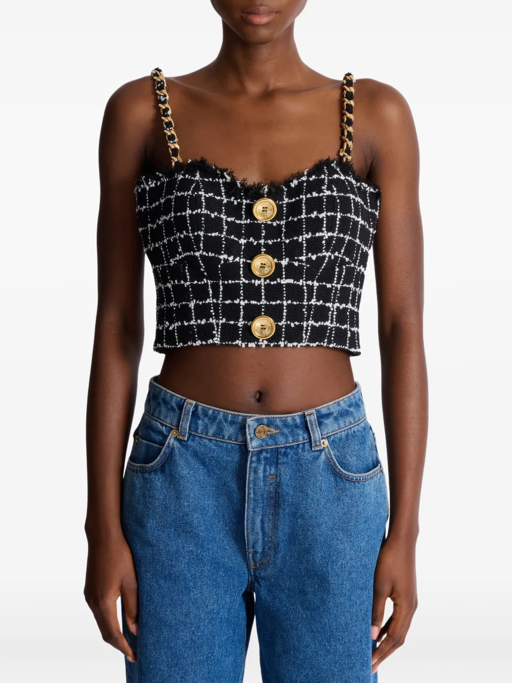  Balmain Chain-strap Tweed Top - Black 