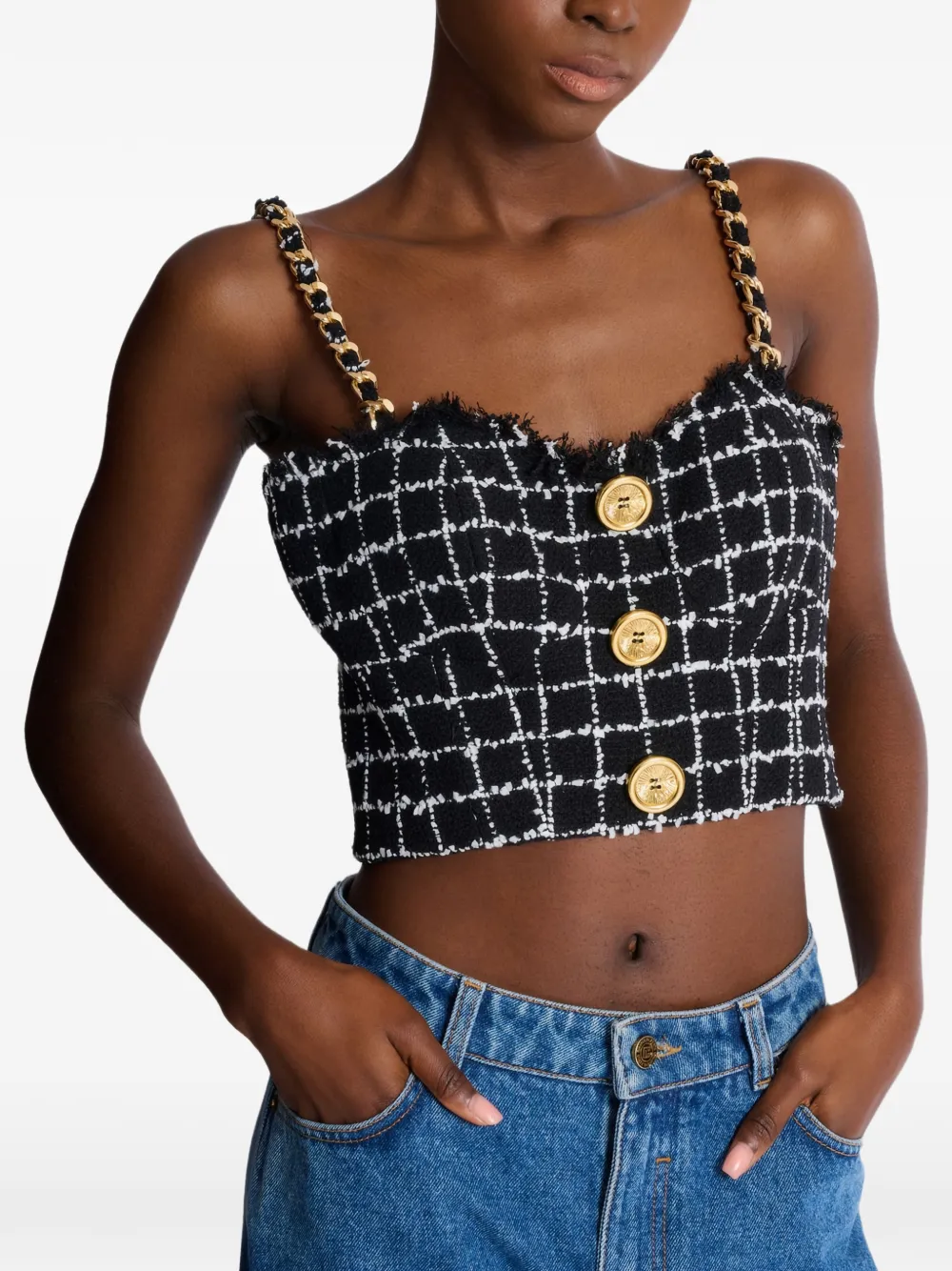 Balmain Tweed top met kettingbandjes en knopen Zwart