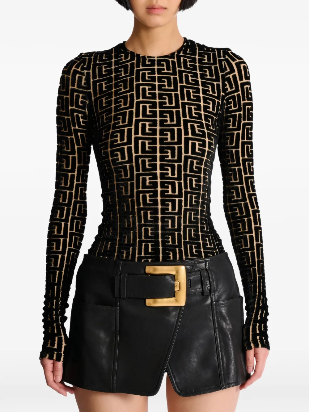  Balmain Monogram-pattern Velvet Top - Black 
