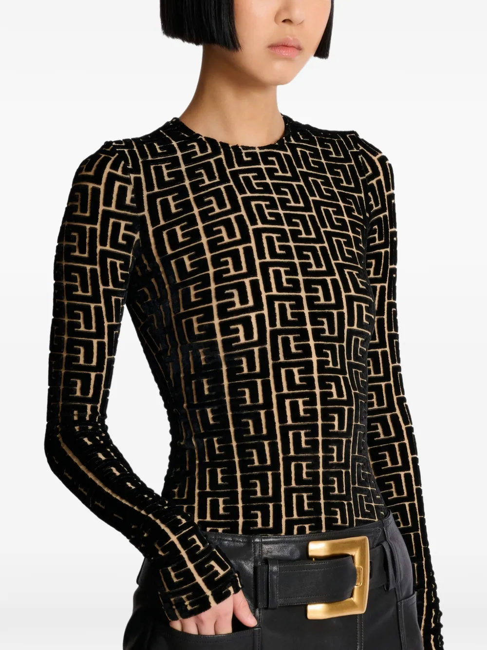  Balmain Monogram-pattern Velvet Top - Black 