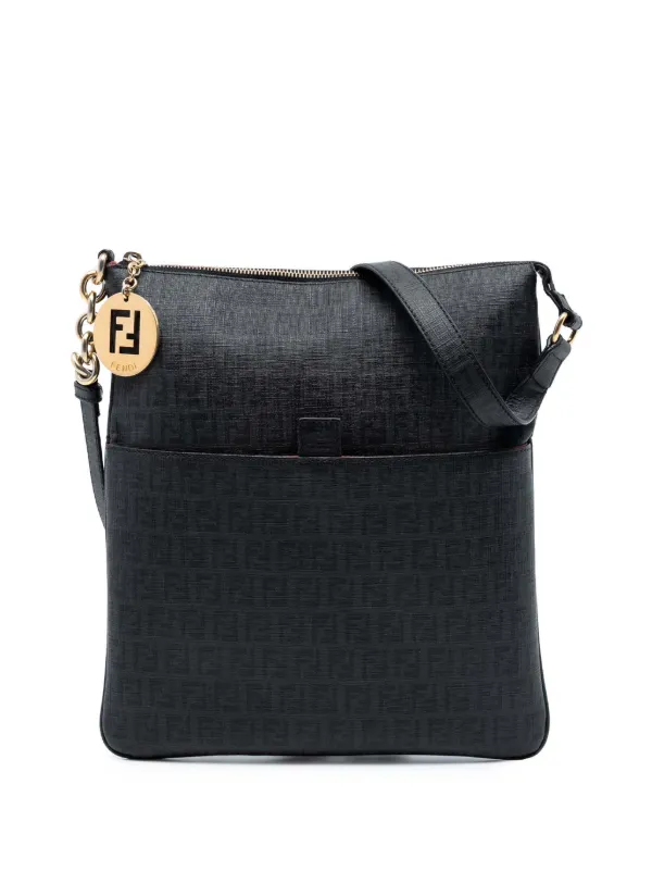 Fendi Pre-owned 2000-2010 Zucchino Coated Canvas Charm Zip Crossbody Bag in Black