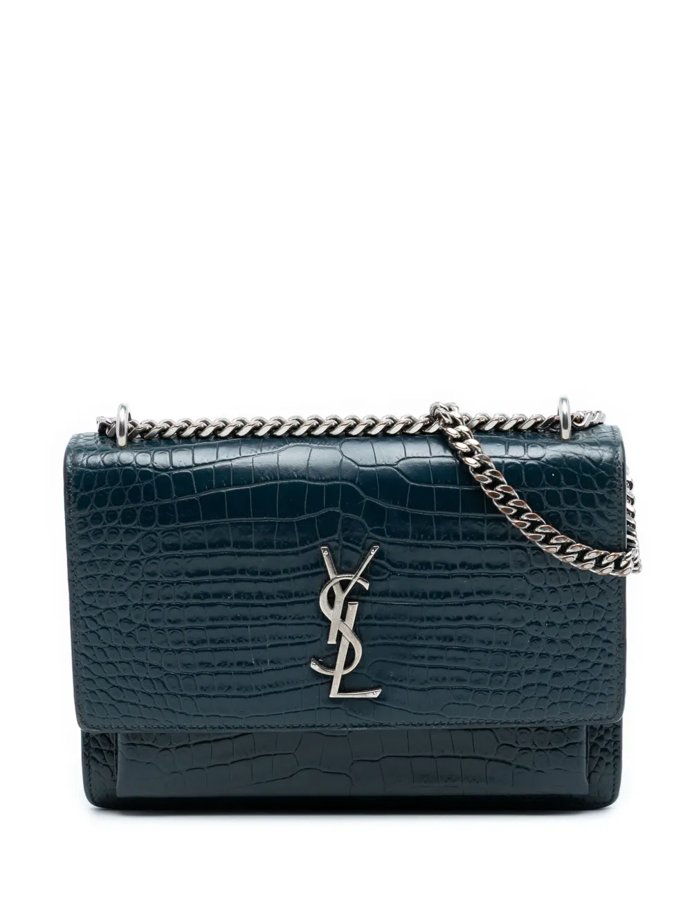 Saint Laurent Pre-Owned 2018 Medium Croc Embossed Calfskin Sunset Flap crossbody bag - Blu