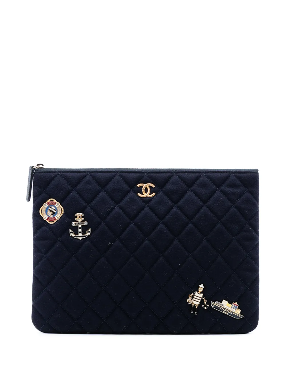 CHANEL Pre-Owned 2018-2019 Paris Hamburg Medium Quilted Wool Coco Sailor Charms O Case clutch bag - Blu