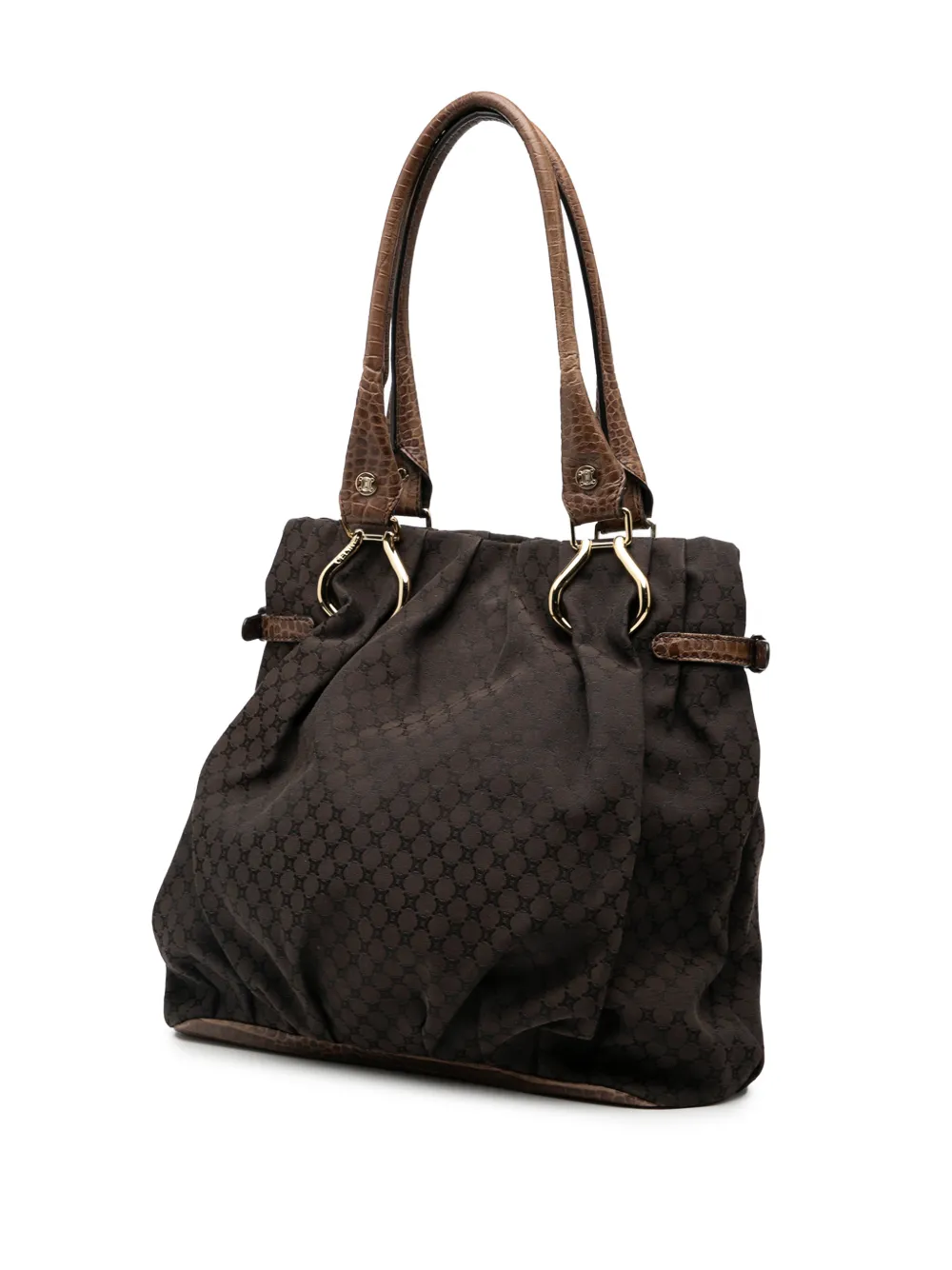 Celine Pre-owned 2009 Embossed Leather Trimmed Macadam Canvas Vertical Tote Bag in Brown, view 3