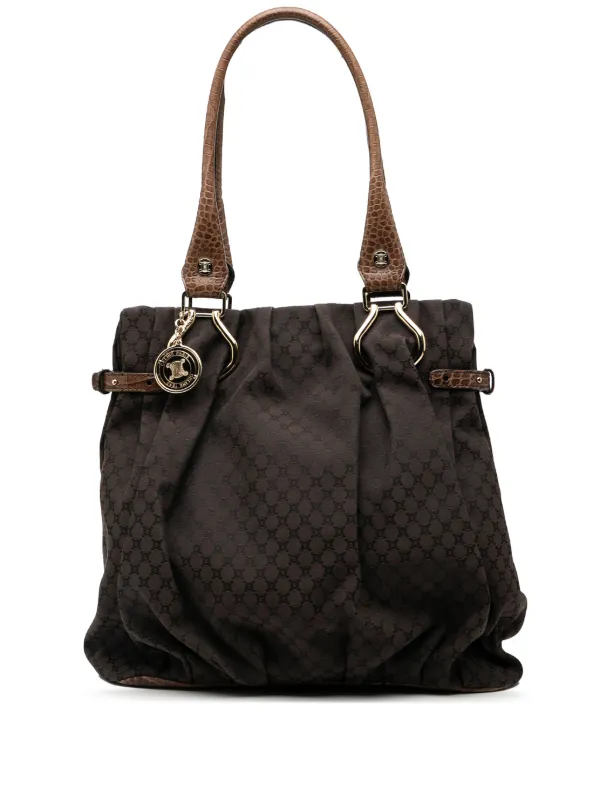 Celine Pre-owned 2009 Embossed Leather Trimmed Macadam Canvas Vertical Tote Bag in Brown