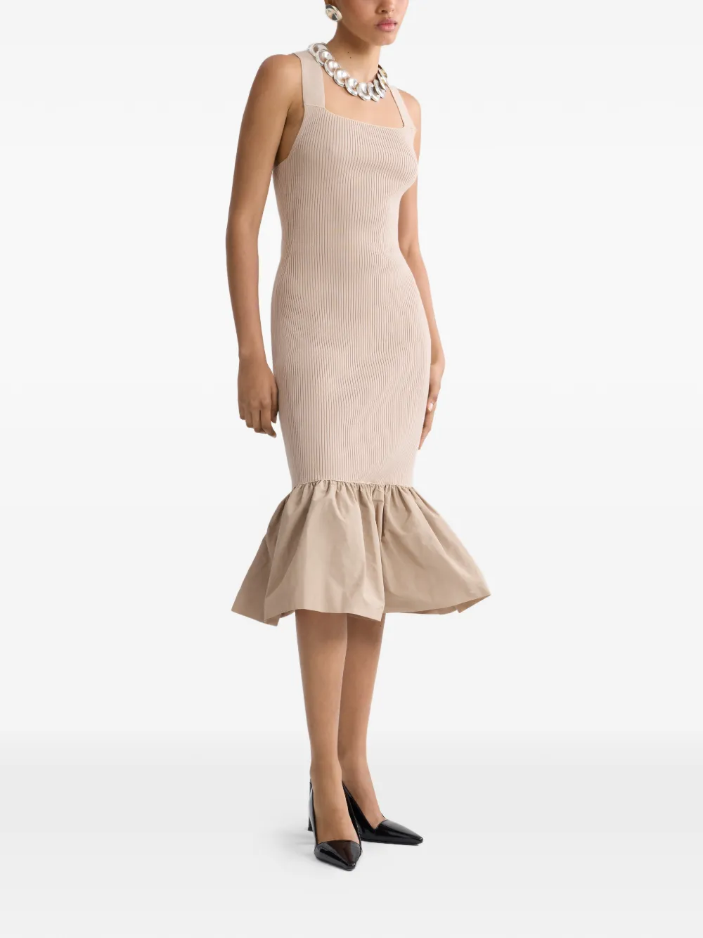  Patou Ruffled Knitted Midi Fitted Dress - Neutrals 