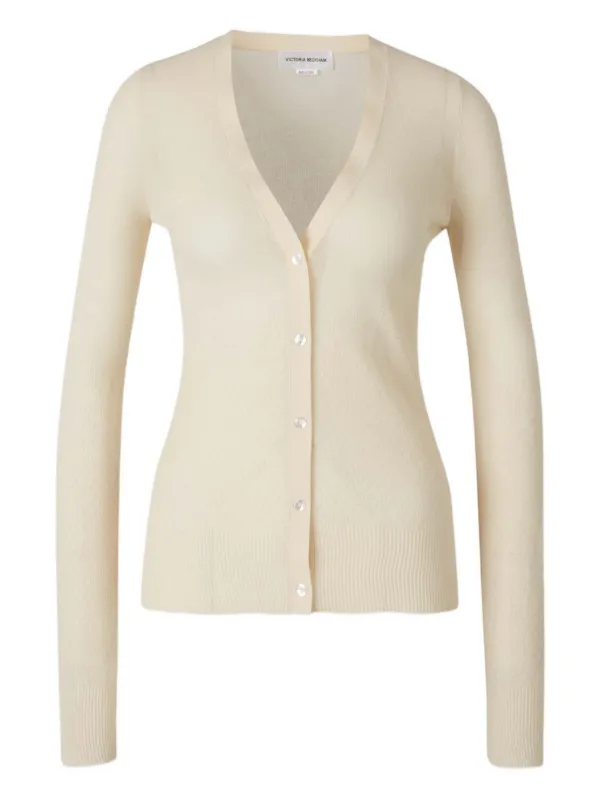 Victoria Beckham Ribbed-trims V-neck Cardigan in Neutrals