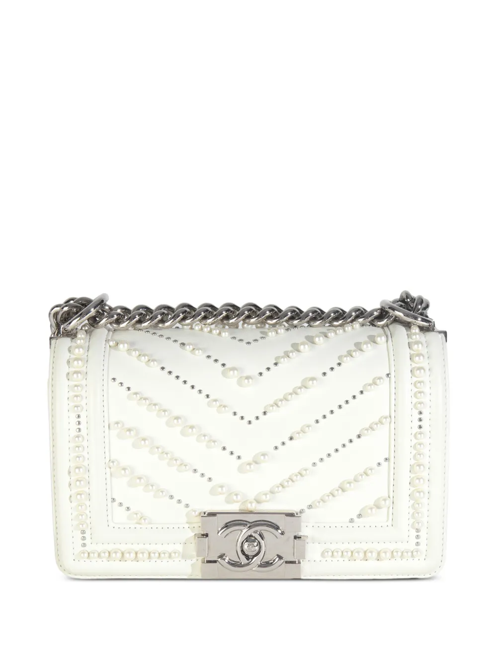 CHANEL Pre-Owned 2019 small Boy pearl-embellished chain cross body bag - White