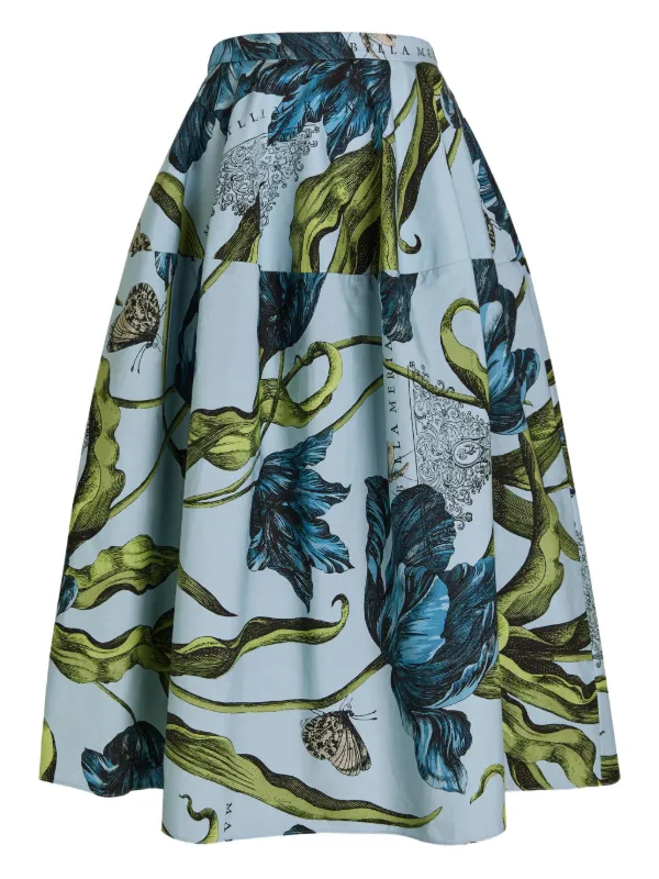 Erdem Butterfly Floral Skirt in Blue