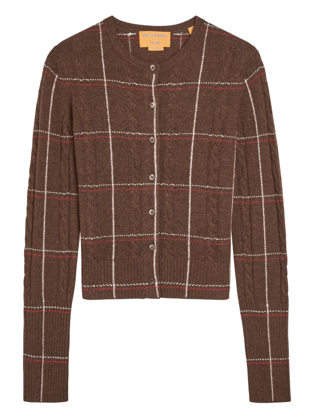 Guest In Residence Jane cable-knit checked cardigan - Marrone