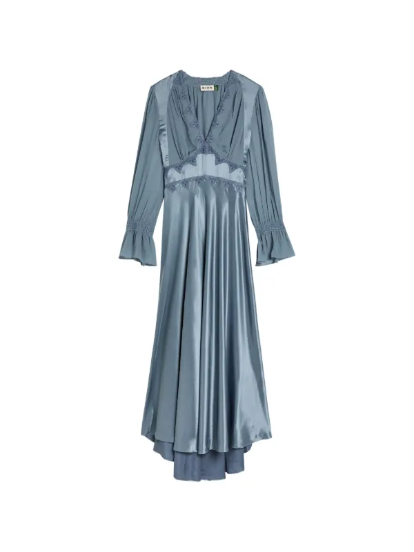 navy blue lace evening dress with sheer long sleeves Embroidered-Bodice Long Formal Dress with Long Sleeves Navy / 16 main image 0