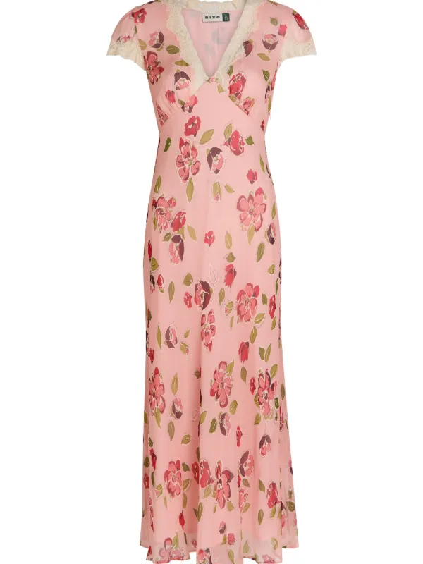 Rixo Floral Lace Midi Dress - Pink