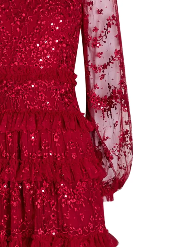 open lace back dress Sequin Ribbon Scoop Neck Micro Mini Dress  Red