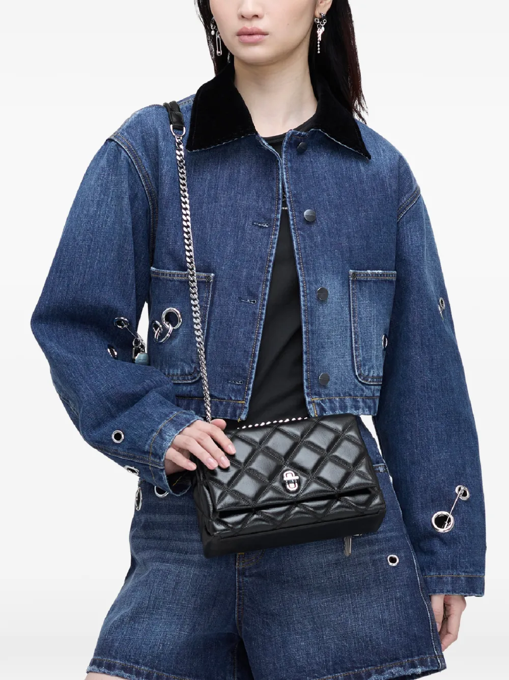 Marc Jacobs The Slim gewatteerde leren schoudertas met dubbele ketting Zwart