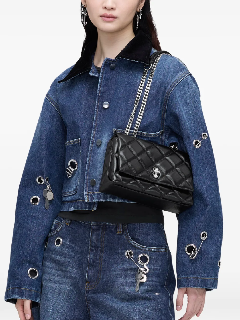 Marc Jacobs The Slim gewatteerde leren schoudertas met dubbele ketting Zwart