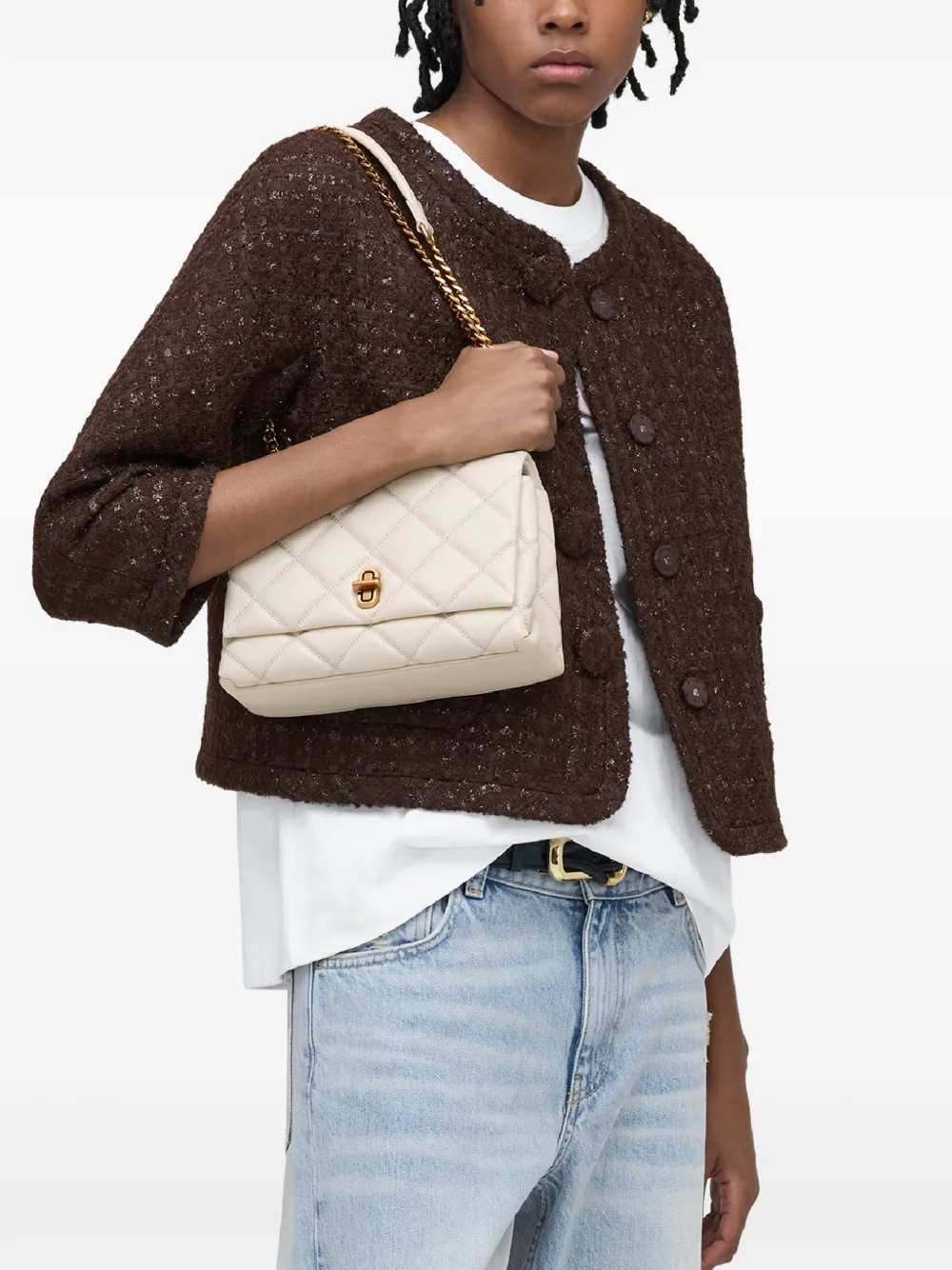 Marc Jacobs The Slim gewatteerde leren schoudertas met dubbele ketting Beige