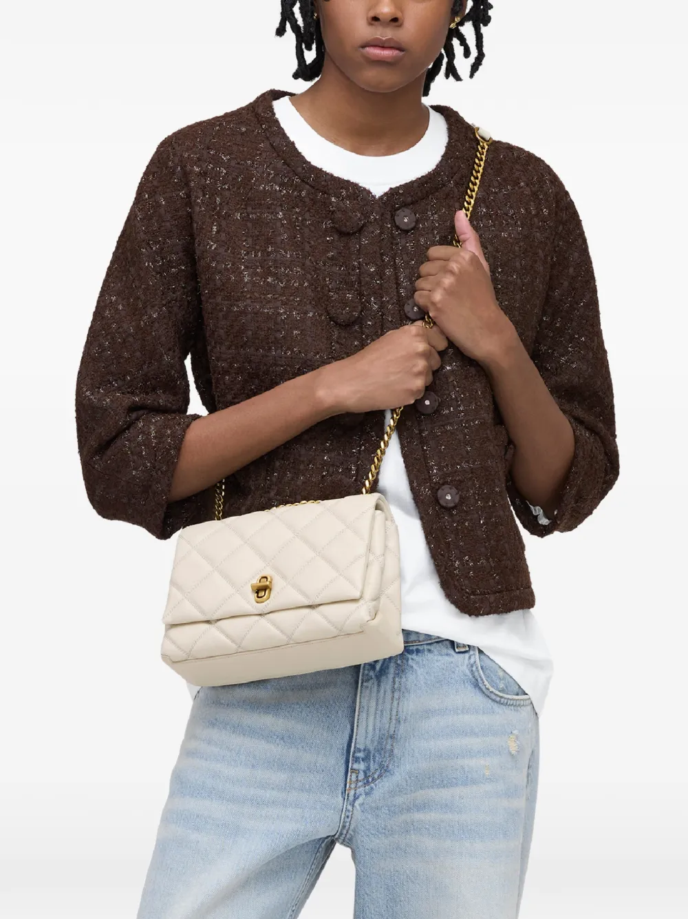 Marc Jacobs The Slim gewatteerde leren schoudertas met dubbele ketting Beige