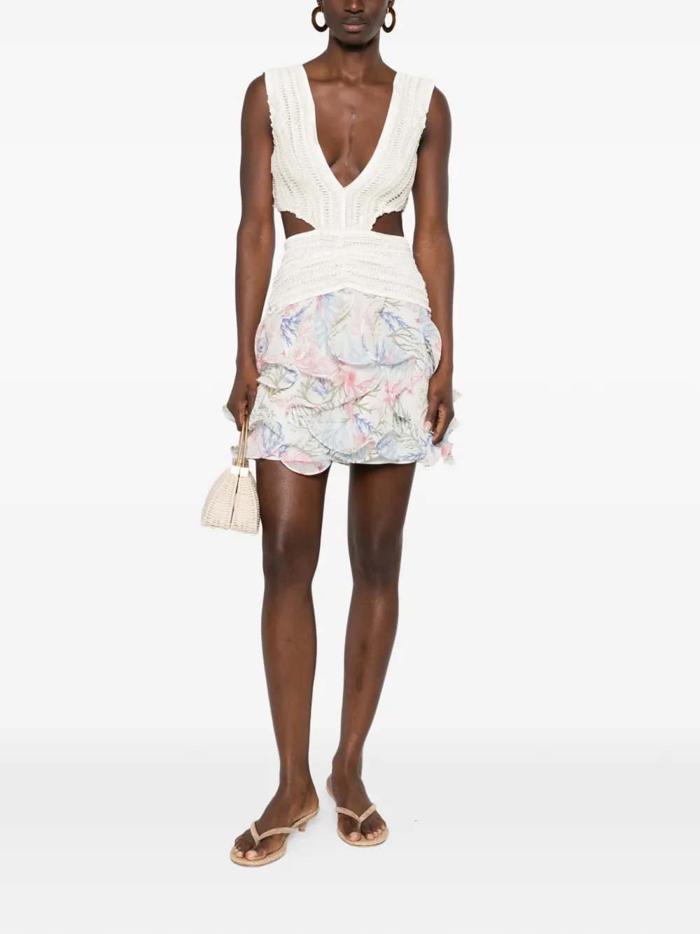 PatBO cut-out floral ruffled dress - Wit