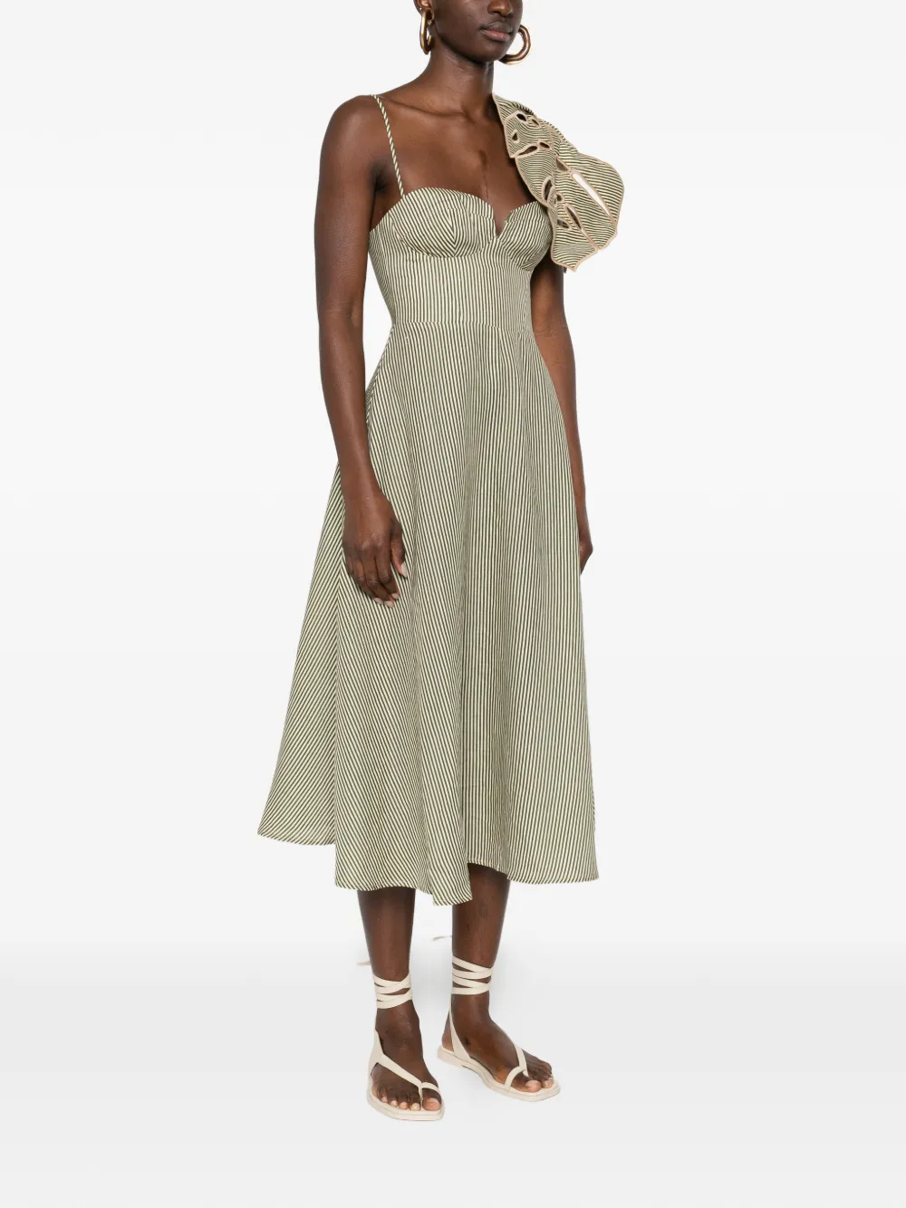 FARM Rio Gestreepte midi-jurk met bladerdetail Beige