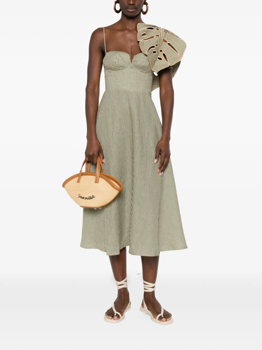 FARM Rio striped leaf-detail midi dress - Beige