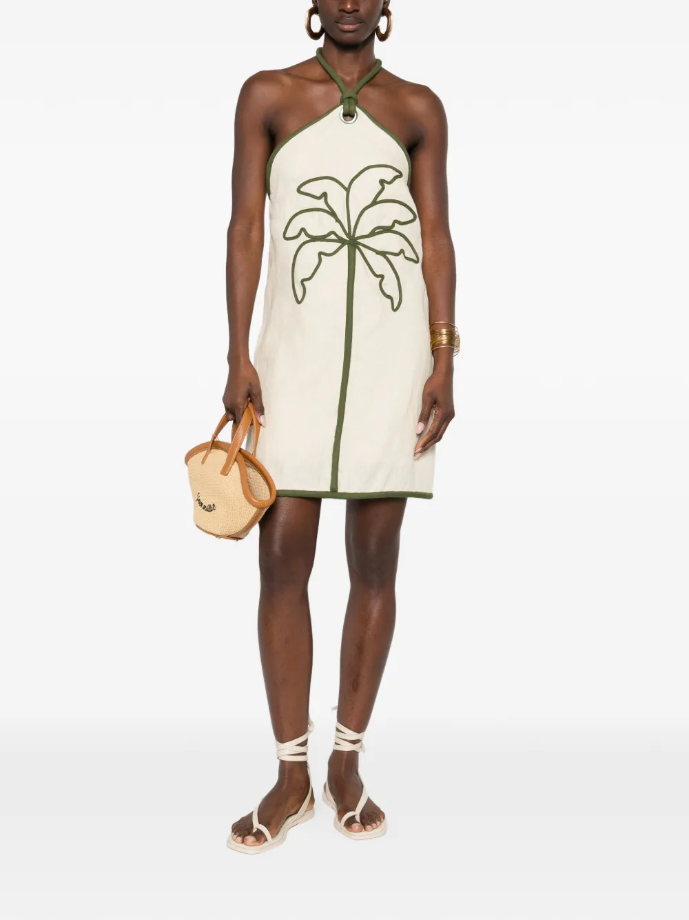 FARM Rio palm-tree halterneck mini dress - Beige